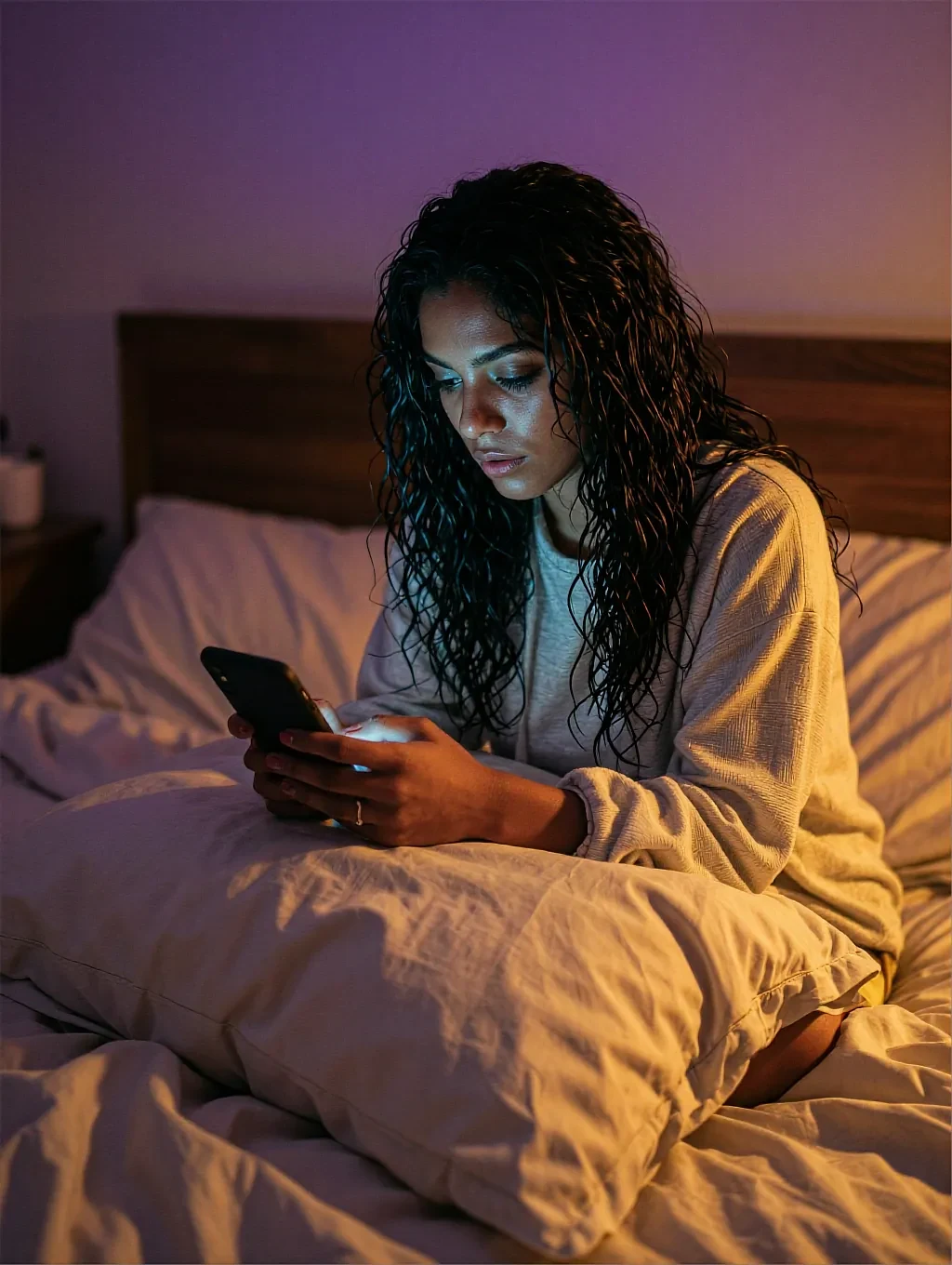 Tessa, a fictional AI character, awake in bed with her phone at night