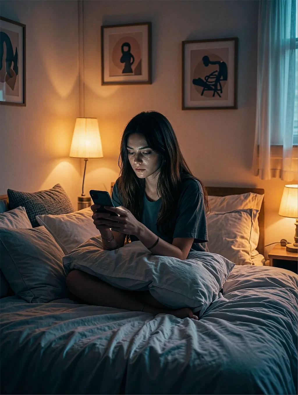 Fictional AI character in bed with her phone under a bedside lamp