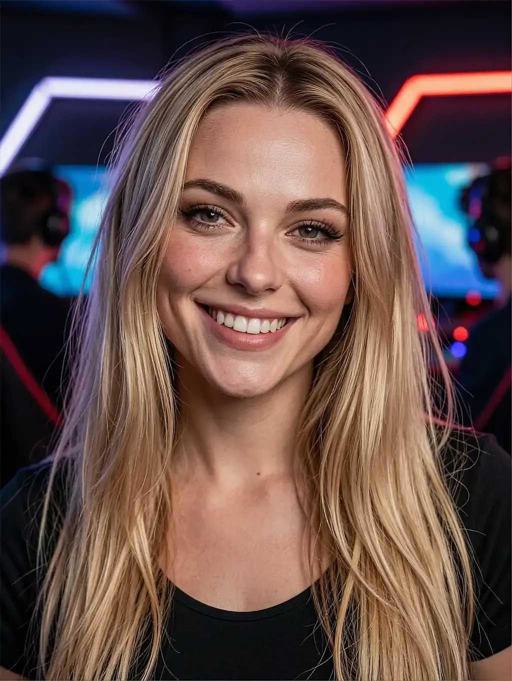 Fictional AI character smiling in a room lit by one coloured lamp