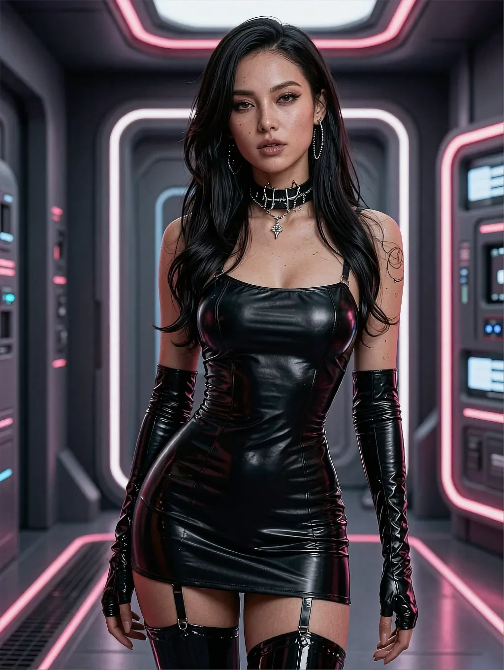 Fictional AI character in black latex in a neon-lit corridor